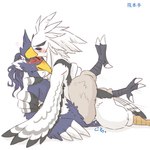 1:1 anthro athletic athletic_anthro athletic_male avian beak blue_body blue_feathers blush breath_of_the_wild duo embarrassed feathers feet japanese_text kusachi leglock looking_pleasured male male/male nintendo nude revali rito sex talons teba_(tloz) text the_legend_of_zelda toes white_body white_feathers yellow_beak