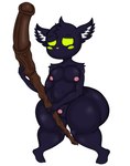 2023 absurd_res anthro balls big_butt black_body black_ears black_fur black_hair blush butt digital_media_(artwork) fur genitals green_eyes hair half-closed_eyes hi_res holding_object holding_stick itsme_hilo league_of_legends male mammal moobs narrowed_eyes nipples nude penis pink_nipples pink_nose riot_games simple_background small_balls small_penis solo standing stick tencent thick_thighs veigar white_background yordle