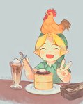 avian beverage blonde_hair child clothing duo elf eyes_closed food gesture hair hand_gesture hi_res humanoid humanoid_pointy_ears hylian light_body light_skin male nintendo ocarina_of_time olxexlo open_mouth open_smile simple_background smile the_legend_of_zelda v_sign young young_link