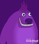 ambiguous_gender anthro big_nose cocone countershade_torso countershading fur livly_(species) official_art ogre_(livly) purple_background purple_body purple_eyes purple_fur simple_background smile solo teeth_showing watermark