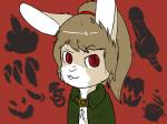 2d_animation 4:3 alcatron_ekiel animated anthro brown_body brown_fur claws cloak clothing demon fivefive_levfurdam fur hair headshot_portrait hi_res karmabutt lagomorph leporid mammal ponytail portrait rabbit red_background red_eyes short_playtime simple_background solo the_mansion_(ncc)