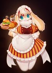 absurd_res accessory anthro apron backlighting beverage big_breasts biped black_background bloom blue_eyes breasts burger clothed clothing container cup digital_media_(artwork) dress eyelashes female female_anthro floppy_ears food fries gloves hair hair_accessory handwear hi_res kemono lagomorph leporid light lighting lop_ears maid_headdress mammal mole_under_eye pattern_clothing pattern_dress rabbit simple_background soda soda_uyu solo striped_clothing striped_dress stripes tray waiter white_hair