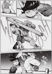 2023 anthro beard black_and_white bottomwear boxing boxing_gloves bun_bash clothed clothing comic digital_media_(artwork) duo english_text facial_hair fighting_ring gary_(peculiart) hair handwear hare lagomorph leporid lights male male/male mammal monochrome motion_lines muscular muscular_anthro muscular_male niko_(peculiart) pants peculiart rabbit short_hair skimpy sound_effects sport sportswear spotlight text