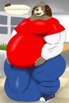 alythewolfcat animal_crossing anthro balls_outline belly big_belly big_bulge big_muscles bulge canid canine canis detailed_bulge digby_(animal_crossing) domestic_dog english_text genital_outline hi_res huge_belly huge_bulge huge_hips huge_muscles hyper hyper_bulge lifting_belly male mammal musclegut muscular nintendo shih_tzu solo text toy_dog wide_hips