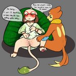 1:1 2_tails anthro anus bean_bag blush bodily_fluids bottomless breath buizel butt clothed clothing comic dialogue duo english_text eyewear female generation_2_pokemon generation_4_pokemon genital_fluids genitals glasses green_eyes hat headgear headwear hi_res kai_(mr.smile) looking_at_another lying male male/female mimi_(mr.smile) mr.smile multi_tail nintendo nude on_back panting pokemon pokemon_(species) purple_eyes pussy shirt smeargle spread_legs spreading sweat sweatdrop tail tail_anus tail_tuft text topwear tuft vaginal_fluids