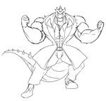 anthro belt black_and_white bottomwear clothing dragmon footwear hi_res horn jacket lizard male monochrome muscular muscular_anthro muscular_male pants reptile scalie shoes sketch spikes spikes_(anatomy) tail topwear