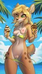 2024 anthro bikini blonde_hair breasts brown_body brown_fur chest_tuft clothing day deer dessert detailed_background digital_media_(artwork) female food freckles front_view fur genitals green_bikini green_clothing green_eyes green_swimwear hair hi_res holding_food holding_ice_cream_cone holding_object ice_cream ice_cream_cone innie_pussy lana_(neondreamer762) looking_down luryry mammal melting_ice_cream navel nipples outside pink_nipples pussy scut_tail short_tail sky small_breasts solo standing swimwear tail tuft two-piece_swimsuit wardrobe_malfunction