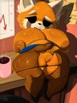 3:4 aggretsuko ailurid anthro areola beverage big_breasts biped breasts clothed clothing coffee ejavox female fur genitals hi_res huge_breasts mammal nipples orange_body orange_fur panties panties_down partially_clothed pussy red_panda retsuko sanrio sitting solo thick_thighs underwear underwear_down