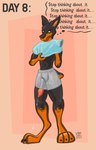 animal_genitalia animal_penis anthro blue_clothing blue_shirt blue_topwear bodily_fluids boxer_briefs canid canine canine_genitalia canine_penis canis claws clothed clothing clothing_bulge clothing_grab day_count digital_drawing_(artwork) digital_media_(artwork) digitigrade dobermann domestic_dog dripping english_text erection erection_in_briefs erection_under_clothing genital_fluids genitals hi_res leaking_precum looking_aside male mammal markings meme no_nut_november orange_markings partially_clothed partially_clothed_anthro partially_clothed_male penis penis_poking_out penis_through_leghole penis_under_clothing pinscher precum precum_drip putting_on_clothes putting_on_shirt red_penis shirt short_tail simple_background solo standing t-shirt tail text thought_bubble thoughts topwear underwear vike_mike