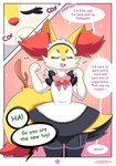 2020 absurd_res ambiguous_gender anthro arms_bent blush braixen cheek_tuft clothed clothing color_coded color_coded_text comic cute_fangs dark_text dialogue dress ellie_the_braixen english_text eyelashes eyes_closed facial_tuft fangs fur generation_6_pokemon green_text heart_after_signature heart_before_signature heart_in_signature heart_symbol hi_res inner_ear_fluff linked_speech_bubble maid_uniform male_(lore) multicolored_body multicolored_fur name_drop name_in_dialogue nikkibunn nintendo number offscreen_character open_mouth page_number pink_background pokemon pokemon_(species) purple_text raised_hand red_body red_fur signature simple_background solo speech_bubble teeth text text_with_heart tuft uniform white_body white_fur yellow_body yellow_fur