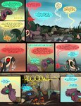 absurd_res comic dialogue dinosaur dodo_(thepatchedragon) dragon dragonscape drekir dromaeosaurid english_text fantasy female feral forest gila_(thepatchedragon) hi_res hiker_(thepatchedragon) jat_(thepatchedragon) male melee_weapon mythological_creature mythological_scalie mythology plant polearm post-apocalyptic prehistoric_species reptile scalie spear tail text thepatchedragon theropod tree village weapon