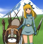 accessory alps_no_shoujo_heidi bangs blonde_hair blue_clothing blue_eyes blue_gloves blue_handwear canid canine canis clothing cloud cosplay domestic_dog female front_view ghibli gloves grass hair hair_accessory hair_ribbon handwear head_tilt heidi_(book) hi_res human joseph_(alps_no_shoujo_heidi) kaze_no_tani_no_nausicaa klara_sesemann knife long_hair looking_at_viewer mammal melee_weapon molosser mountain mountain_dog nausicaä nausicaä_of_the_valley_of_the_wind oldschool outside parody plant retro_artstyle ribbons saint_bernard sky sword takaya_n weapon world_masterpiece_theater