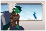 absurd_res anthro border brown_clothing brown_shirt brown_topwear clothing dragon fur green_body green_fur hi_res horn male multicolored_body mythological_creature mythological_scalie mythology pattern_clothing plaid plaid_clothing scalie sculpture shirt solo statue tail tomiwoof topwear train vehicle white_border window wingless_dragon