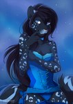 2016 accessory alena_(kaelleon) anthro aurora_(phenomenon) biped black_body black_fur black_hair blue_body blue_clothing blue_eyes blue_fur blue_legwear blue_lingerie blue_panties blue_stockings blue_underwear breasts bustier choker cleavage clothed clothing covering covering_breasts covering_self digital_media_(artwork) felid female finger_to_mouth fur garter_straps hair hair_accessory hand_on_own_breast jewelry legwear leopard_spots lingerie long_hair looking_away lycangel mammal markings medium_breasts melanistic necklace night outside pantherine panties pinup portrait pose skimpy sky smile snow_leopard solo spots spotted_body spotted_fur standing star starry_sky stockings three-quarter_portrait underwear