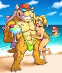 abs anthro beach big_breasts big_muscles bikini biped blonde_hair blue_eyes bowser breasts bulge cleavage clothed clothing collar curvy_figure detailed_background duo_focus ear_piercing ear_ring feet female female_human group hair heart-shaped_pupils hourglass_figure human humanoid_feet interspecies koopa long_hair male male/female male_anthro male_human mammal mario mario_bros meme muscular muscular_anthro muscular_male mythology nickelodeon nintendo nipples nortuet one-piece_swimsuit open_mouth pecs piercing plantigrade ponytail princess_peach public ring_piercing scalie short_hair smile smooth_skin spongebob_squarepants spongegar_(meme) swimwear trio two-piece_swimsuit wide_hips