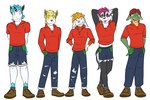 3:2 anthro anthrofied appletun boltund bottomwear clothed clothing cosplay davie_(fuze) denim denim_bottomwear denim_clothing denim_shorts ed_(fuze) footwear fully_clothed fuze galarian_form galarian_linoone galarian_ponyta galarian_zigzagoon generation_8_pokemon group hands_behind_head hands_on_hips hi_res jeans king_(fuze) male navel nintendo pants pokemon pokemon_(species) pokemorph polo_shirt raboot regional_form_(pokemon) shirt shoes shorts simple_background socks tongue tongue_out topwear torn_sleeves victor_(pokemon) white_background