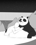 anthro bathing_together bear belly cuddling dreamworks duo eyes_closed giant_panda hi_res hot_spring human hypnokoo kung_fu_panda male male/male mammal master_po_ping monochrome nude overweight size_difference smile water