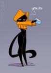 2021 ambiguous_gender anthro black_body black_fur bottomless can clothed clothing conditional_dnp container dialogue domestic_cat english_text felid feline felis fur grey_background hoodie jollyjack long_legs mammal orange_eyes simple_background solo tail text topwear tuna_(food)