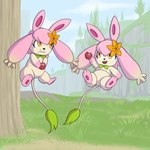 1:1 ambiguous_gender anthro berry cliff day detailed_background duo eating floating flopie food fruit grass hi_res moderately_ashamed outside pal_(species) palworld plant pocketpair tree