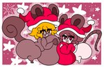 anthro belly big_breasts big_butt big_teeth biped blonde_hair bottomwear breast_size_difference breasts breasts_press brown_body brown_fur brown_hair butt christmas christmas_clothing christmas_headwear clothing duo exposed_breasts female female_anthro fur hair happy hat headgear headwear holidays holly_(rogywantscoffee) huge_breasts huge_butt huge_hips huge_thighs hyper hyper_breasts male_(lore) mammal mouse mouse_tail murid murine orange_eyes pants pressing_breasts_together red_eyes rodent rogywantscoffee santa_hat sciurid short_stack shorts size_difference squirrel_tail teeth thick_thighs tree_squirrel wide_hips