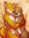 anthro blep brown_body brown_fur canid canine chase_hunter cuddling dipstick_ears dipstick_tail duo ear_markings echo_(game) echo_(series) echo_project eyes_closed facial_hair fangs fox frottage fur goatee hi_res hug looking_at_another looking_at_partner lying male male/male mammal markings multicolored_ears mustelid orange_body orange_fur otter paintfox_(character) penile penises_touching sex tail tail_markings teeth tongue tongue_out ventkazemaru white_body white_fur