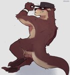 anthro brown_body clothing digital_media_(artwork) ear_piercing echo_project fur glowing glowing_eyes male mammal mustelid nude otter piercing ravan simple_background smile solo sydney_bronson tail topwear