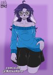 2024 anthro black_bottomwear black_clothing black_nose black_skirt blue_clothing blue_sweater blue_topwear bottomwear breasts cleavage clothed clothed_anthro clothed_female clothing digital_media_(artwork) eyewear female female_anthro fingers glasses hair haru_bunnie hi_res lagomorph leporid mammal portrait purple_background purple_body purple_eyes purple_hair rabbit round_glasses simple_background skirt solo spike_the_furry sweater three-quarter_portrait topwear wearing_glasses