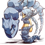 1:1 alternate_species animal_humanoid apode armor bare_shoulders blue_hair cosplay draconcopode duo female generation_2_pokemon grin hair hitec humanoid humanoidized lamia legless midriff nintendo pokemon pokemon_(species) pokemon_humanoid pokemorph ponytail reptile rock scalie serpentine sleeveless smile snake split_form steelix