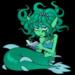 1:1 2022 alpha_channel book demon digital_media_(artwork) discount-supervillain female green_body green_scales green_skin head_mouth humanoid_pointy_ears marine merfolk narrowed_eyes pointy_ears portrait pseudo_hair reading scales solo split_form tentacle_hair tentacles tired