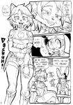 andrea_(russian_blue) anthro black_and_white breasts clothed clothing daigaijin domestic_cat duo english_text felid feline felis female food furryfight_chronicles grin hi_res lagomorph leporid mammal monochrome muko nervous pizza rabbit russian_blue simple_background smile text white_background