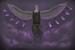 absurd_res anthro avian beak belt bird bottomwear clothed clothing eyewear feathers feathers_(kazzyboii) glasses grey_wings hi_res kazzyboii magic magic_user necktie nonbinary_(lore) owl pants purple_aura purple_eyes simple_background sooty_owl spread_wings topwear tyto tytonid vest wings