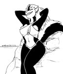 2023 anthro bikini black_and_white clothing ear_piercing ear_ring fangs female fur hair hi_res kelly_o'dor mammal mephitid midriff monochrome navel piercing ring_piercing sharp_teeth skunk solo swimwear tail teeth tegerio two-piece_swimsuit zandar's_saga