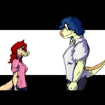 1:1 animated annamaria_(snoot_game) anthro blue_hair cavemanon_studios clothed clothing dinosaur duo eyewear fan_character faustanon female feral front_view glasses gorillaz hair humor karl_(snoot_game) male meme multicolored_body music prehistoric_species red_eyes red_hair reptile round_glasses scalie short_playtime side_view size_difference snoot_game sound sound_warning synced_to_music two_tone_body webm when_youre_close_to_me yellow_body