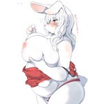 absurd_res anthro big_breasts blush bodily_fluids breasts clothing digital_media_(artwork) female fur hair hi_res huge_breasts lactating lagomorph leporid long_hair mammal milk multi_breast nipples panties pregnant pregnant_anthro pregnant_female rabbit shikibetsuko simple_background solo sweat text translation_request underwear white_body white_fur white_hair