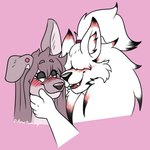 2024 anthro blush brutus_(pillowtummy) canid canine canis domestic_dog duo ear_piercing eyelashes female fluffy hair hand_on_head happy hi_res long_hair male male/female mammal piercing pillowtummy teeth