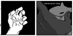 2024 2_panel_comic 5_fingers after_masturbation anthro biped black_background black_eyes bodily_fluids bovid caprine cum cum_on_hand disgust english_text fingers fur genital_fluids goat jermgoated male mammal simple_background solo text white_body white_fur