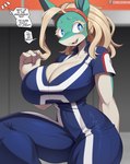 2024 absurd_res anthro artist_name big_breasts blonde_hair blue_eyes breasts canid canine cleavage clothed clothing cooliehigh dialogue english_text eyebrows eyelashes female fox hair hi_res huge_breasts ippan_josei mammal my_hero_academia offscreen_character open_mouth quirked_human_(my_hero_academia) solo speech_bubble teal_body text thick_thighs white_body