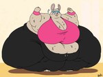 2018 3_toes 4:3 5_fingers accessory anthro barefoot batspid2 belly big_belly big_breasts big_butt big_ears biped black_bottomwear black_clothing black_eyebrows black_nose blue_eyes bodily_fluids bottomwear breasts butt cleavage clothed clothing crop_top digital_drawing_(artwork) digital_media_(artwork) double_chin eyebrows eyelashes eyewear feet female fingers flabby_arms flat_colors flexing flexing_bicep front_view full-length_portrait fur glasses glistening glistening_eyes headband huge_breasts huge_butt huge_hips huge_thighs hyper hyper_butt hyper_hips hyper_thighs lagomorph leporid loa_(batspid2) looking_at_viewer love_handles mammal midriff morbidly_obese morbidly_obese_anthro morbidly_obese_female navel obese obese_anthro obese_female overweight overweight_anthro overweight_female pants pink_clothing pink_crop_top pink_shirt pink_topwear portrait rabbit shadow shirt signature simple_background smile solo standing sweat sweatdrop sweatdrop_(iconography) sweaty_arms sweaty_belly sweaty_body sweaty_breasts tan_background tan_body tan_fur thick_thighs three-quarter_view toes topwear wide_hips wristband yoga_pants