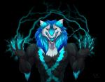 2017 angry anthro black_background electricity male muscular muscular_anthro muscular_male open_mouth sergal silvergrin simple_background solo tongue volt_(gori_ryu)