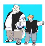 2024 anthro belly bottomwear canid canine canis clothing domestic_dog duo eyes_closed hi_res inunoshippo kemono male mammal open_mouth overweight overweight_male pants shirt simple_background topwear