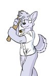 anthro baseball_(sport) baseball_bat baseball_uniform bat_(object) bitalie blue_eyes bottomless butt button_(disambiguation) canid canine canis clothed clothing countershading crossgender domestic_dog female fluffy fox_(housepets!) grey_body head_tuft hi_res holding_object holding_weapon housepets! husky looking_at_viewer mammal mtf_crossgender nordic_sled_dog partially_clothed pose simple_background smile solo spitz sport sportswear standing tail thick_thighs tuft uniform weapon white_background