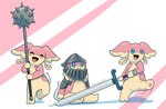 2024 ambiguous_gender armor audino blue_eyes blush blush_lines closed_smile digital_media_(artwork) dragging dragging_object dragging_weapon english_text eyes_closed generation_5_pokemon greatsword group headgear helmet hi_res holding_melee_weapon holding_object holding_sword holding_weapon melee_weapon motion_lines mouth_closed nintendo number open_mouth open_smile pokemon pokemon_(species) shadow sitting smile sol-lar-bink standing sword tail text trio weapon