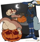 2019 absurd_res ankle_cuffs anthro bandeau big_butt blonde_hair blue_body blue_scales boots bubble_butt butt clothed clothing collar cuff_(restraint) dorkinhorkin dragon dragonborn_(dnd) dungeons_and_dragons duo feet female flat_chested food footwear fruit gloves hair halloween handwear hasbro hat headgear headwear hi_res holidays horn huge_butt jack-o'-lantern kobold male moon mythological_creature mythological_scalie mythology piko_(simplifypm) plant pseftis_savra pumpkin restraints robe scales scalie shackles shoes short_stack sitting_on_pumpkin smile spots tail thick_tail thick_thighs topwear trick_or_treat wide_hips wizards_of_the_coast