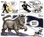 ambiguous_gender ben_garrison bestiality brown_body brown_fur canid canine canis cia clothing collar comic crawling domestic_dog dominant dominant_ambiguous dominant_feral duo english_text feral feral_dominating_human fur good_boy growth harry_s._truman hat headgear headwear holding_leash holding_object human human_on_feral interspecies john_f._kennedy leash leashed_collar male mammal meme political_cartoon politics role_reversal size_difference spiked_collar spikes submissive submissive_human submissive_male suit teeth text top_hat uncle_sam united_states_of_america