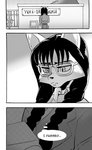 anthro braided_hair canid canine clothed clothing comic daigaijin english_text eyewear female fox fur furryfight_chronicles glasses hair hi_res kalita_(furryfight_chronicles) mammal monochrome rear_view school_uniform solo text uniform