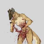 anthro blood bodily_fluids brown_body clodespin_(species) digital_media_(artwork) fur gore guts hair intestines jeffusherb johmn male mammal organs pixel_(artwork) self-harm simple_background solo tail