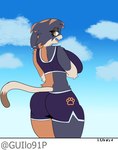 anthro athletic_wear big_breasts black_body black_clothing black_fur bottomwear bra breasts calico_cat clothing cloud dolphin_shorts domestic_cat ear_piercing ear_ring epic_games felid feline felis female fortnite fur guilo91p gym_bottomwear gym_shorts hi_res huge_breasts mammal meow_skulls multicolored_body orange_body orange_fur piercing ring_piercing shorts sky solo sports_bra sportswear tail text underwear white_body white_fur yellow_eyes