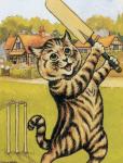 4_fingers ambiguous_gender ancient_art anthro bat_(object) biped black_body black_fur brown_body brown_fur building cricket_(sport) cricket_bat day detailed_background domestic_cat featureless_crotch felid feline felis fingers fur grass hedge holding_object house license_info looking_up louis_wain mammal nude open_mouth outside painting_(artwork) plant playing_sport public_domain semi-anthro shrub signature sky solo sport standing striped_body striped_fur stripes tan_body tan_fur text traditional_media_(artwork) tree whiskers wicket_(object)