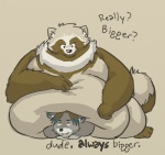 akkeresu anthro belly belly_smother big_belly canid canine dialogue domestic_cat duo english_text felid feline felis fox hybrid male mammal morbidly_obese obese overweight pinned pinned_by_belly raccoon_dog sitting squish tanuki tanukisan text