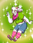 abstract_background absurd_res anthro boss_monster_(undertale) bottomwear brat_(charli_xcx) charli_xcx clothing cutoffs deltarune denim denim_bottomwear denim_clothing ear_piercing ear_ring eyeshadow femboy hi_res jewelry lipstick makeup male necklace one_eye_closed paw_shoes peace_sign_(disambiguation) piercing ring_piercing shorts undertale_(series) wink